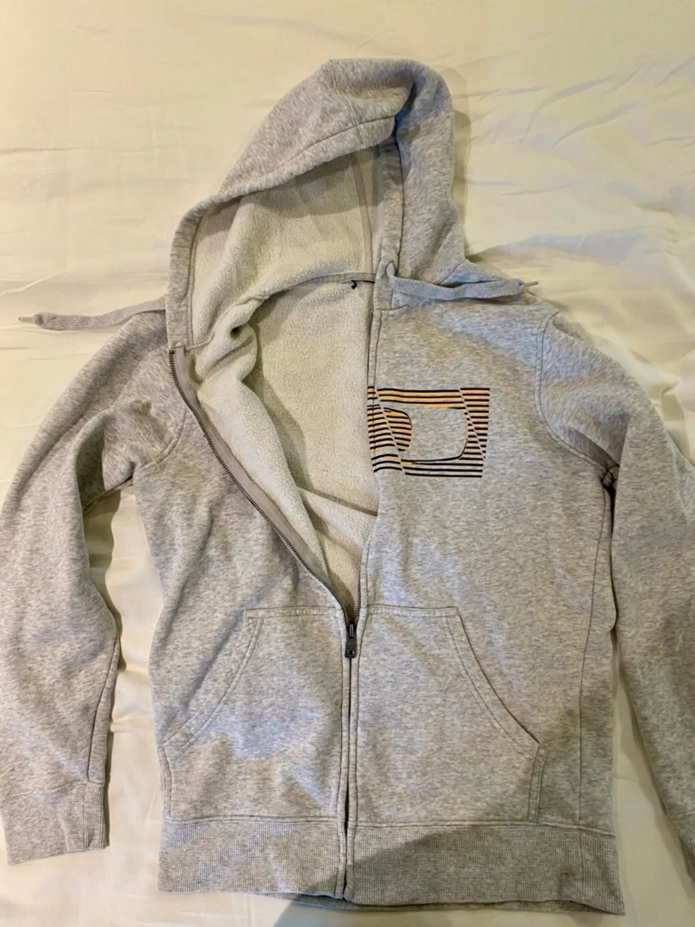 Oakley Gray Men's Full-Zip Hooded Sweater with Striped Logo Graphic